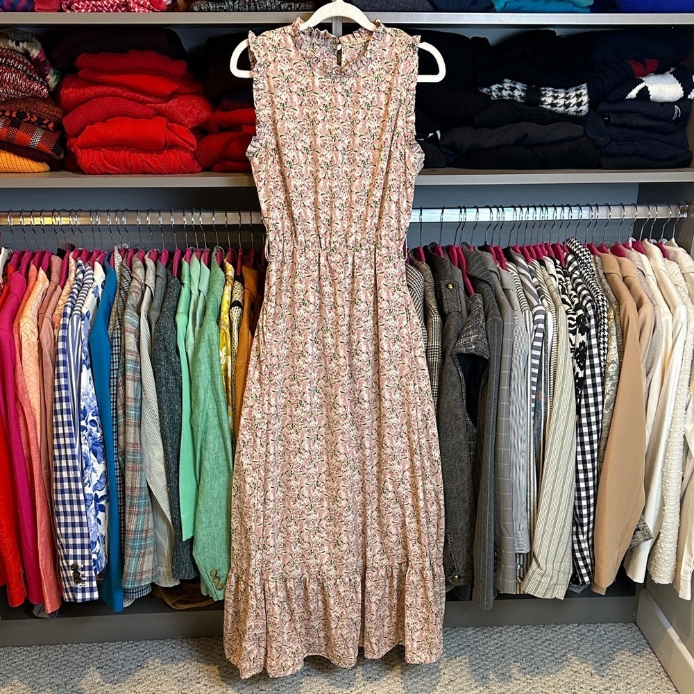 Unbranded pink/white/green floral sleeveless elastic waistband maxi dress size S